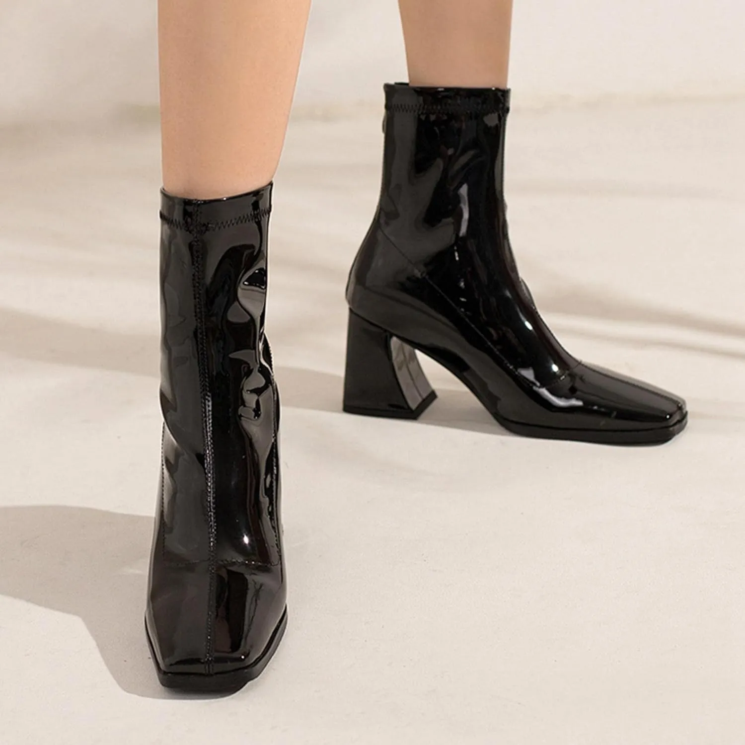 Seborluys Women's Stretch Square Toe Patent Leather Ankle Boots Stretchy Chunky Block Heel Zip Up Booties