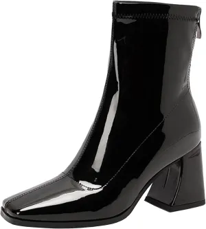 Seborluys Women's Stretch Square Toe Patent Leather Ankle Boots Stretchy Chunky Block Heel Zip Up Booties