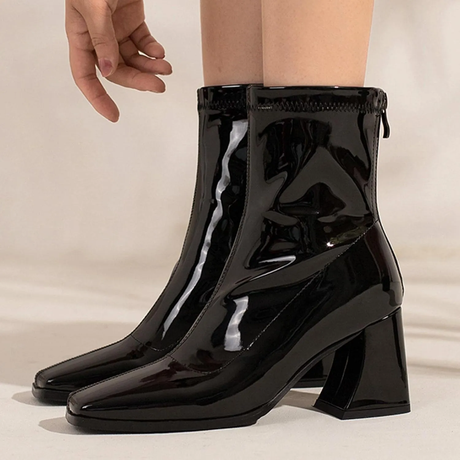 Seborluys Women's Stretch Square Toe Patent Leather Ankle Boots Stretchy Chunky Block Heel Zip Up Booties