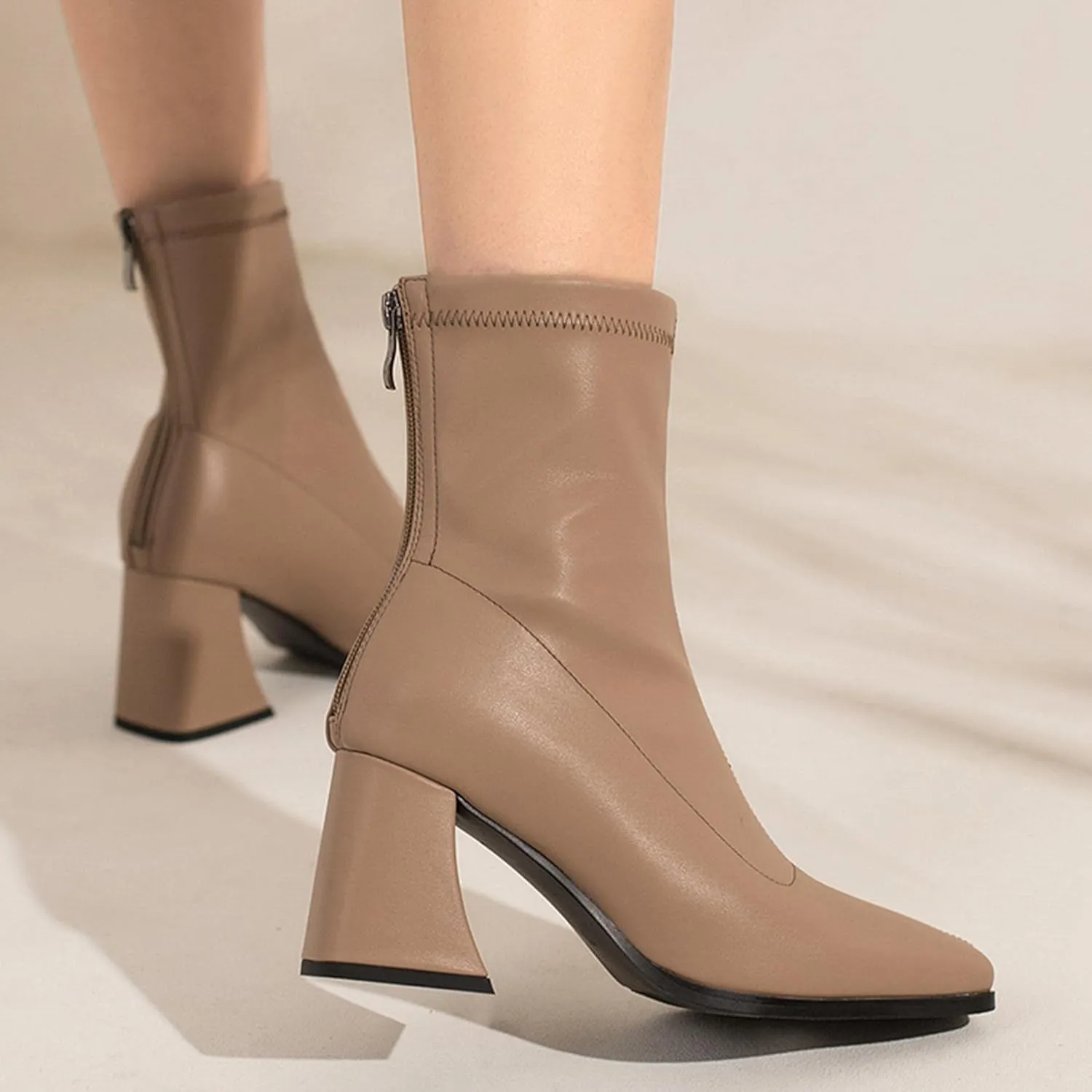 Seborluys Women's Stretch Square Toe Patent Leather Ankle Boots Stretchy Chunky Block Heel Zip Up Booties