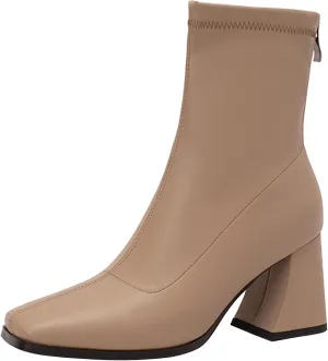 Seborluys Women's Stretch Square Toe Patent Leather Ankle Boots Stretchy Chunky Block Heel Zip Up Booties