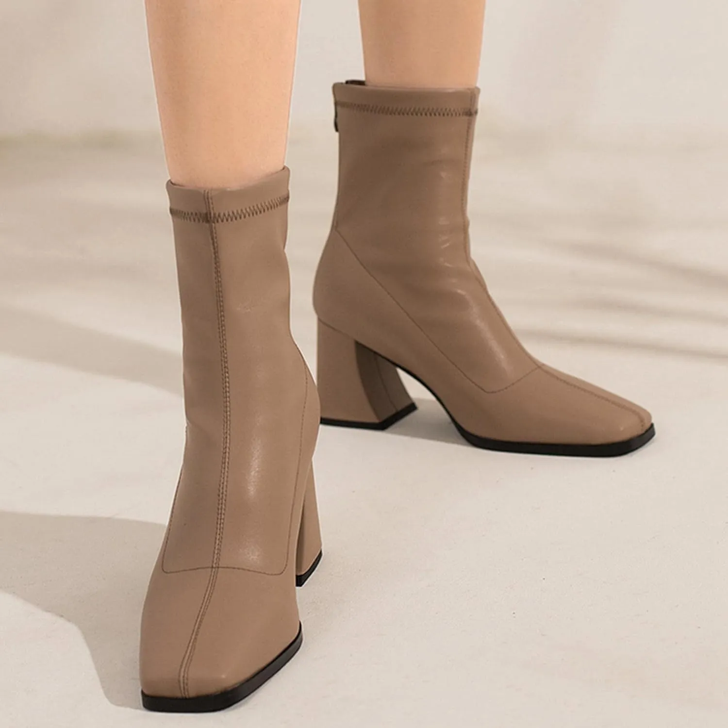 Seborluys Women's Stretch Square Toe Patent Leather Ankle Boots Stretchy Chunky Block Heel Zip Up Booties