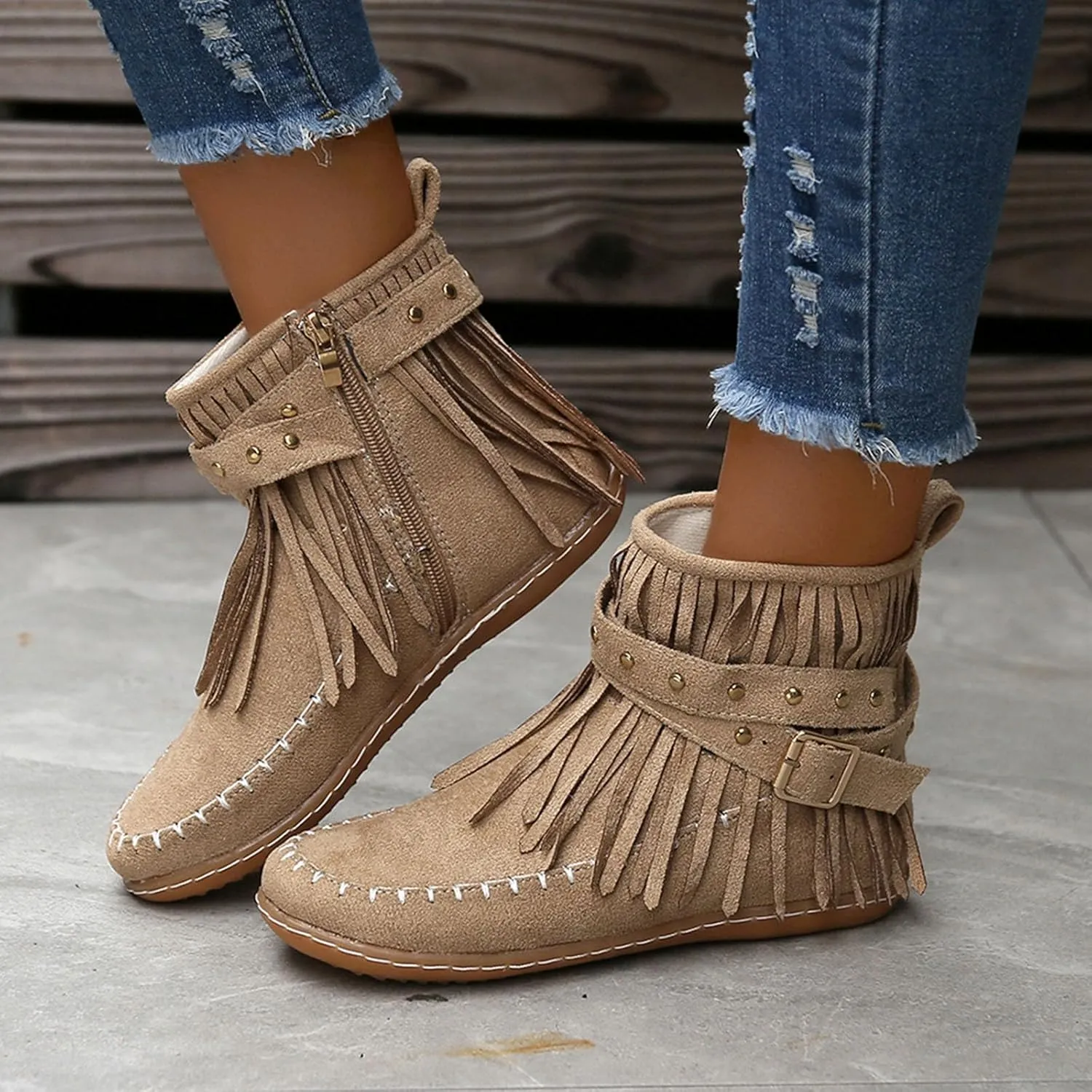 Suede Cowboy Boots Women Short Western Boots Suede Fringe Boots Flat Moccasin Boots Tassel Boots Hippie Boots