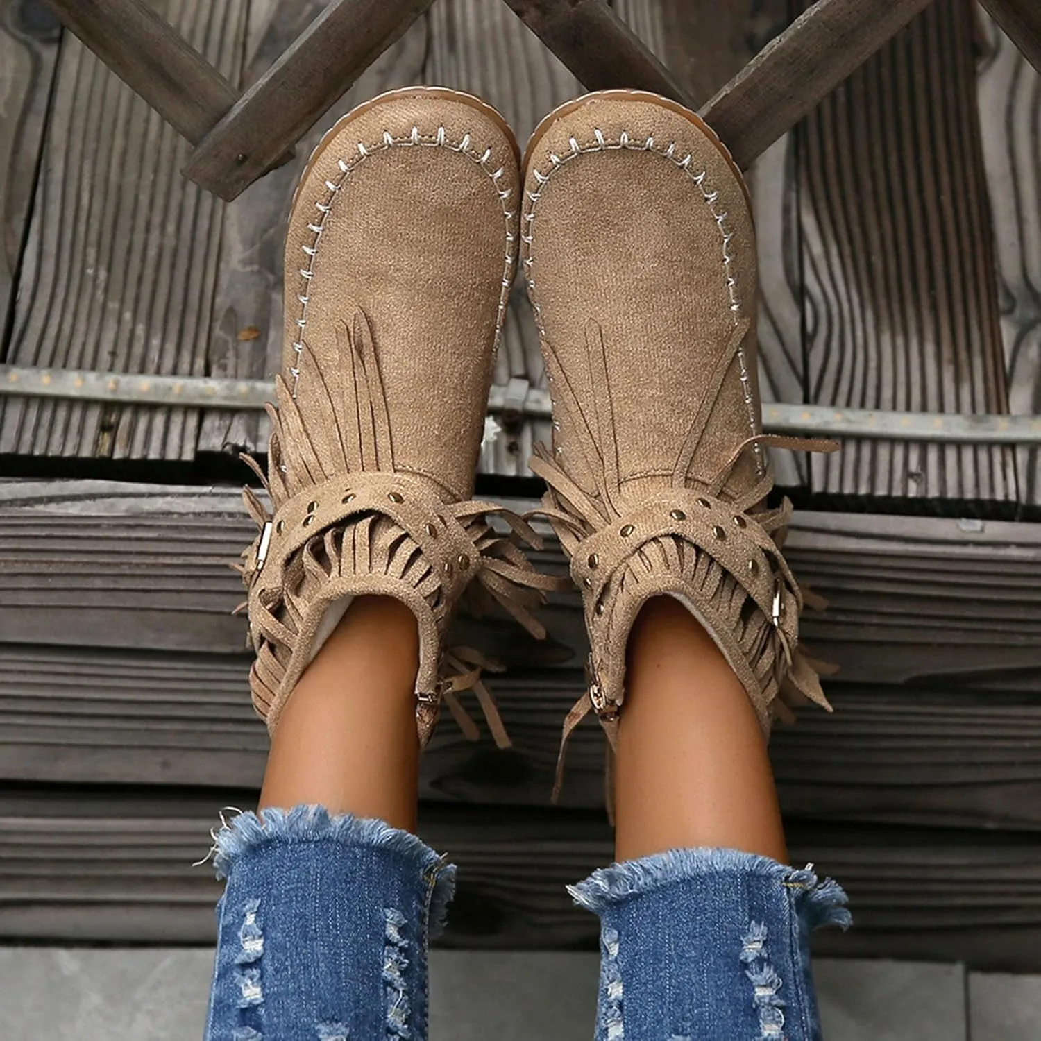 Suede Cowboy Boots Women Short Western Boots Suede Fringe Boots Flat Moccasin Boots Tassel Boots Hippie Boots