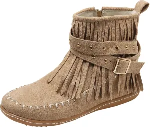 Suede Cowboy Boots Women Short Western Boots Suede Fringe Boots Flat Moccasin Boots Tassel Boots Hippie Boots