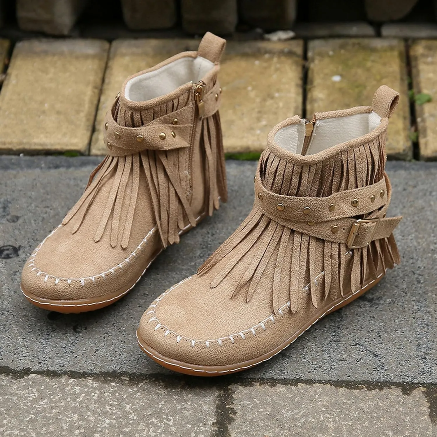 Suede Cowboy Boots Women Short Western Boots Suede Fringe Boots Flat Moccasin Boots Tassel Boots Hippie Boots