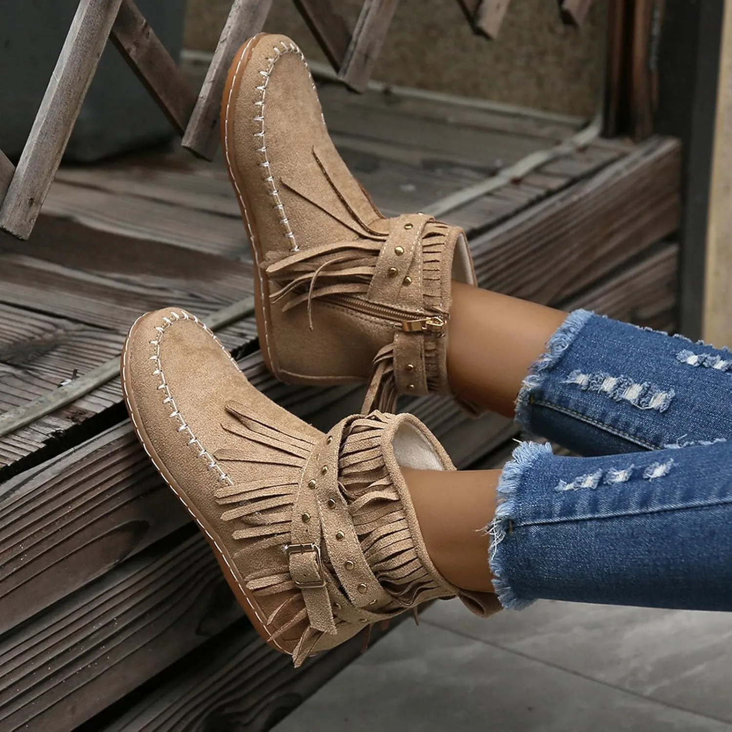 Suede Cowboy Boots Women Short Western Boots Suede Fringe Boots Flat Moccasin Boots Tassel Boots Hippie Boots