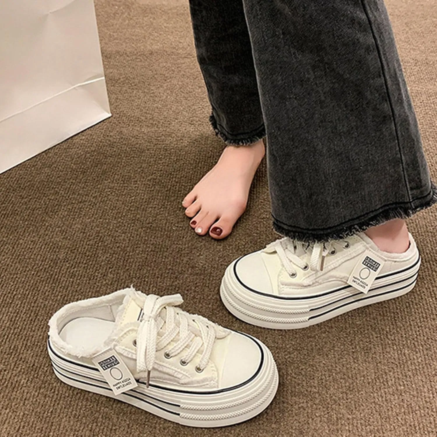 Summer Women's Thick Sole Canvas Toe Sandals Adjustable Strap Comfortable Casual Beach Walking Shoes