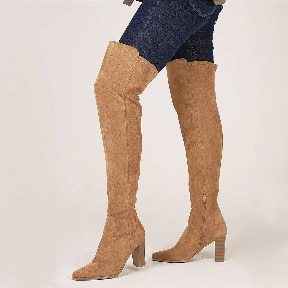 Thigh High Boots, Over The Knee, Brown Suede Block Heel Pointed Toe Stretch Sexy Boots For Women, Fall 2024