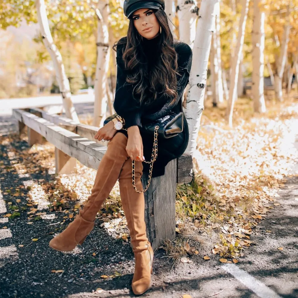 Thigh High Boots, Over The Knee, Brown Suede Block Heel Pointed Toe Stretch Sexy Boots For Women, Fall 2024