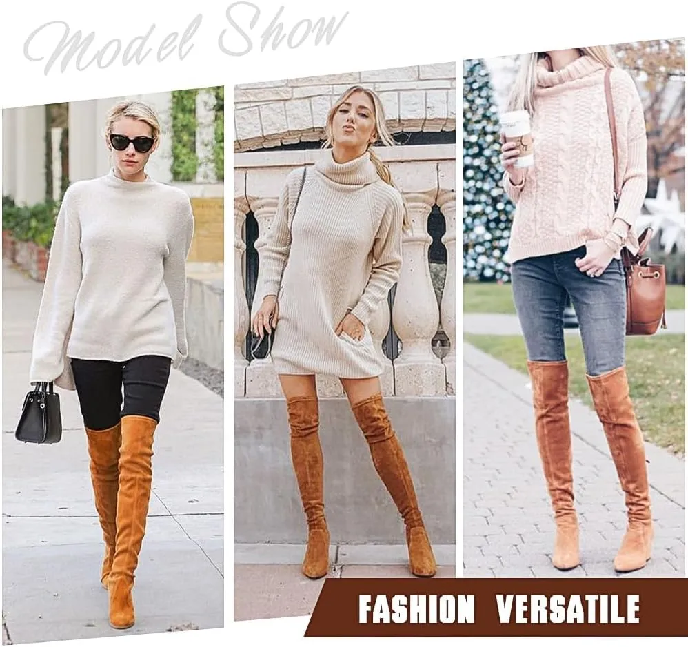Thigh High Boots, Over The Knee, Brown Suede Block Heel Pointed Toe Stretch Sexy Boots For Women, Fall 2024