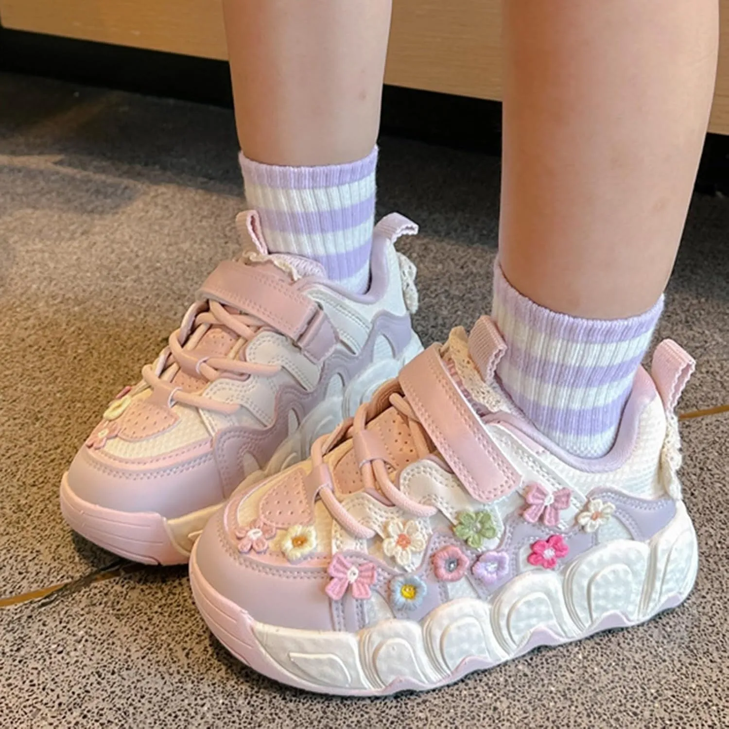 Toddler Kids Lace-Up Chunky Platform Sneakers Round Toe Low Top Breathable Dad Shoes Comfortable Non-Slip Sport Shoes