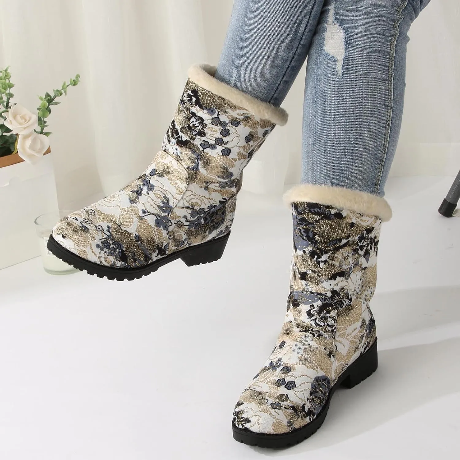 Trendy Printed Warm Boots for Women Fleece Lined Mid Calf Cold Proof Boots Slip On Winter Womens Snow Boots