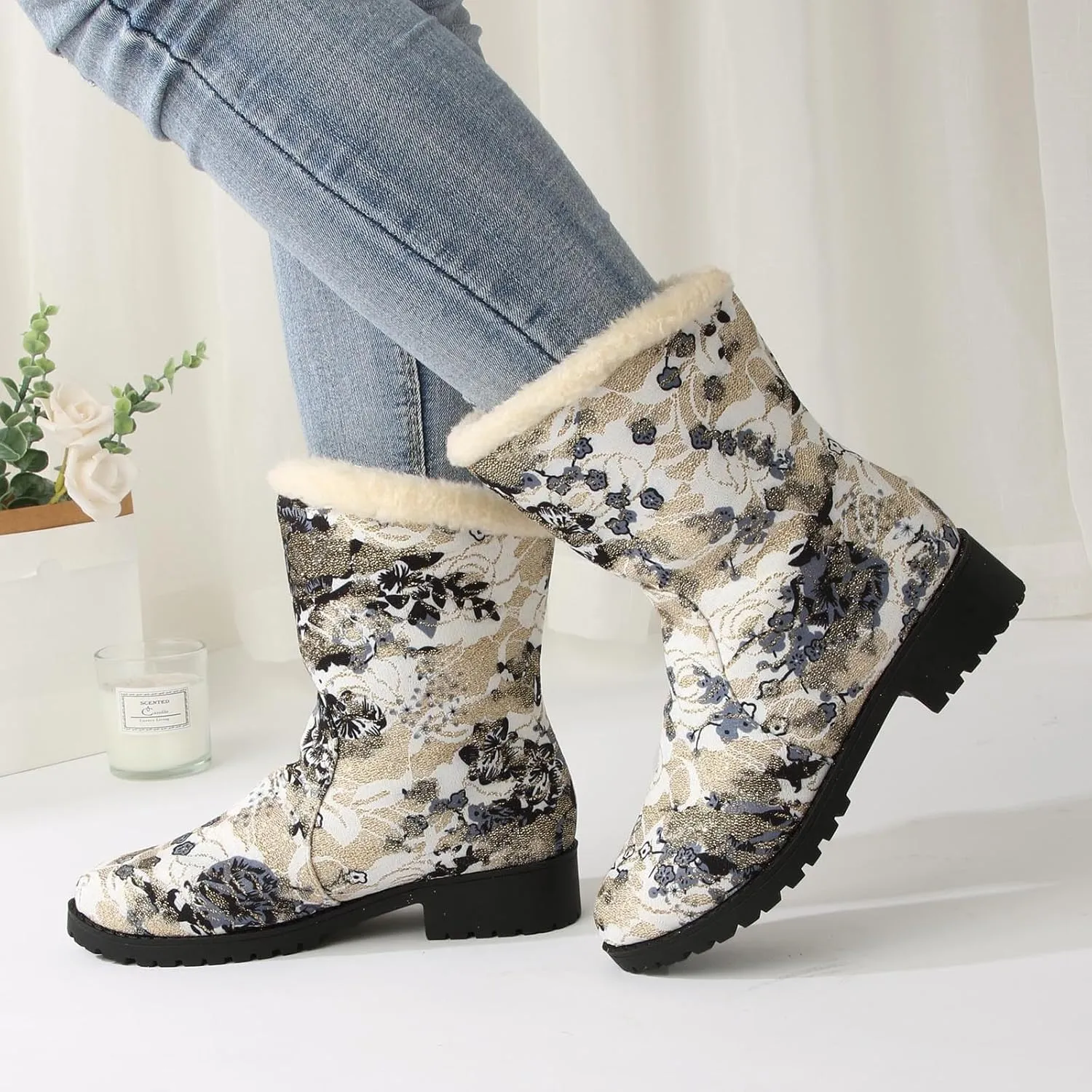 Trendy Printed Warm Boots for Women Fleece Lined Mid Calf Cold Proof Boots Slip On Winter Womens Snow Boots