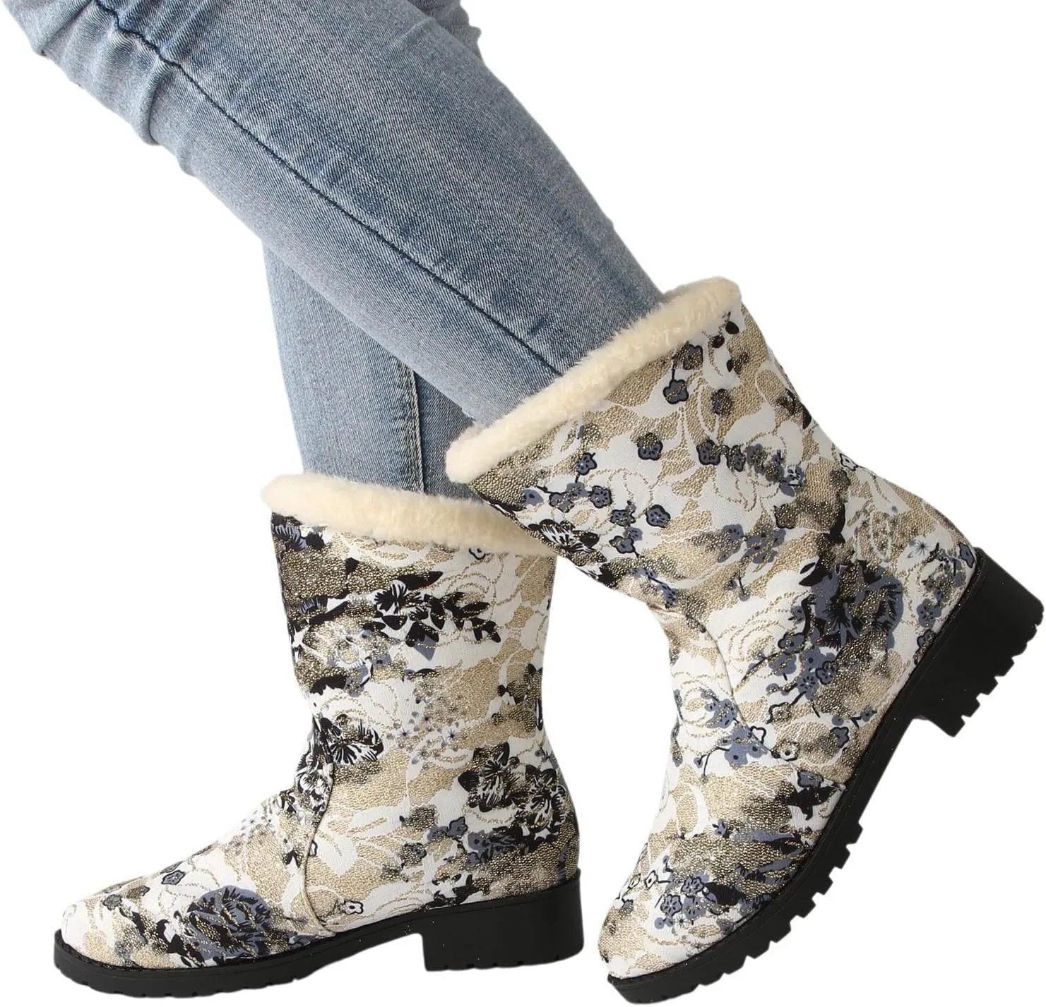 Trendy Printed Warm Boots for Women Fleece Lined Mid Calf Cold Proof Boots Slip On Winter Womens Snow Boots