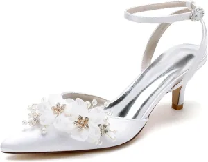Wedding Bridal Shoes Satin Low Heels Women's Pointed Toe Ankle Strappy Pumps Slingback Kitten Heel Sandals 6Cm