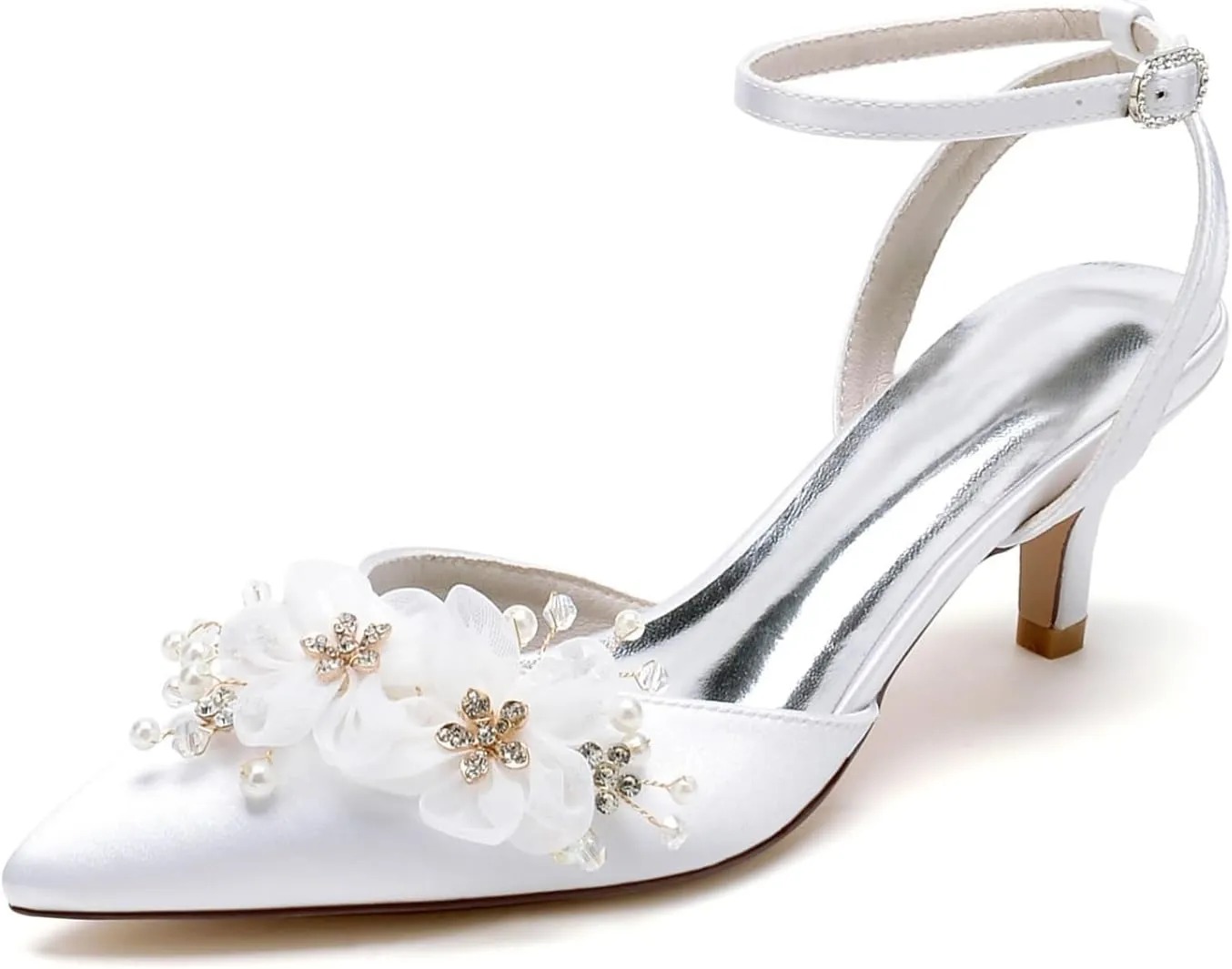 Wedding Bridal Shoes Satin Low Heels Women's Pointed Toe Ankle Strappy Pumps Slingback Kitten Heel Sandals 6Cm