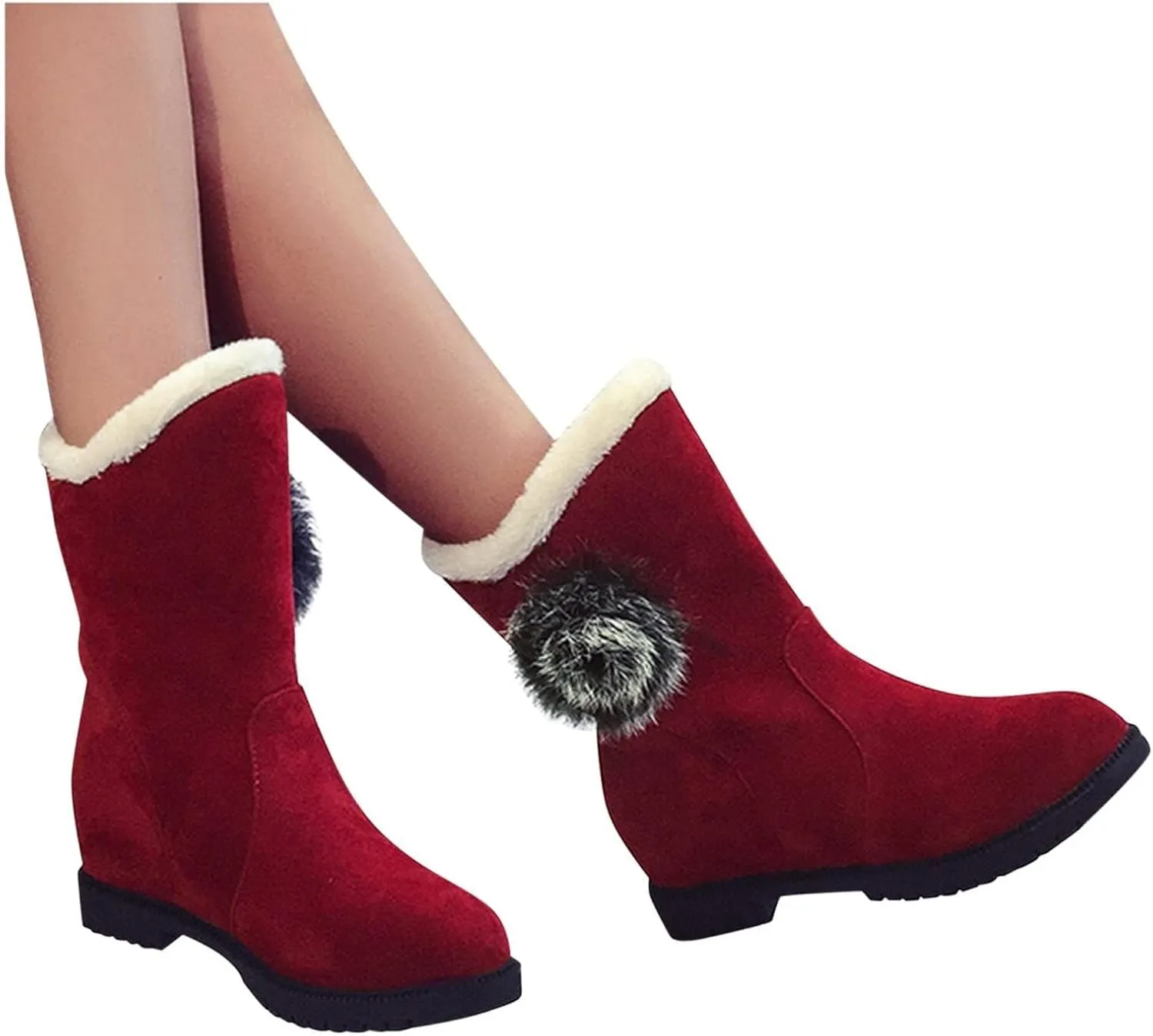 Winter Boots for Women Faux Fur Lined Slip On Mid Calf Chunky Heel Suede Ankle Boots Warm Comfy Snow Boots for Outdoor
