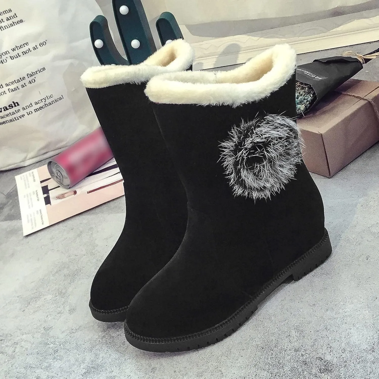 Winter Boots for Women Faux Fur Lined Slip On Mid Calf Chunky Heel Suede Ankle Boots Warm Comfy Snow Boots for Outdoor