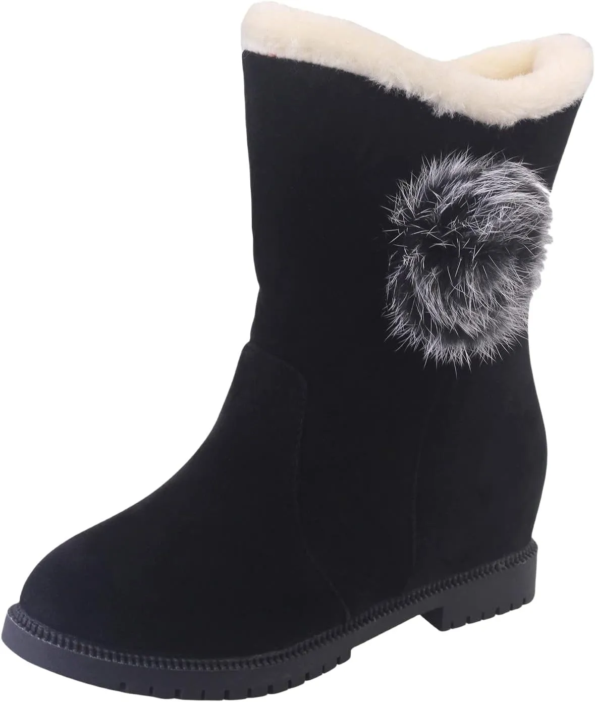 Winter Boots for Women Faux Fur Lined Slip On Mid Calf Chunky Heel Suede Ankle Boots Warm Comfy Snow Boots for Outdoor