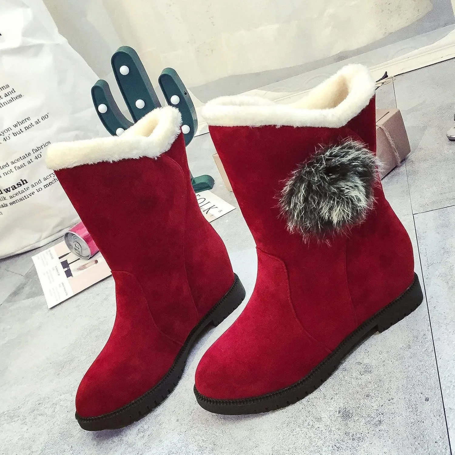 Winter Boots for Women Faux Fur Lined Slip On Mid Calf Chunky Heel Suede Ankle Boots Warm Comfy Snow Boots for Outdoor