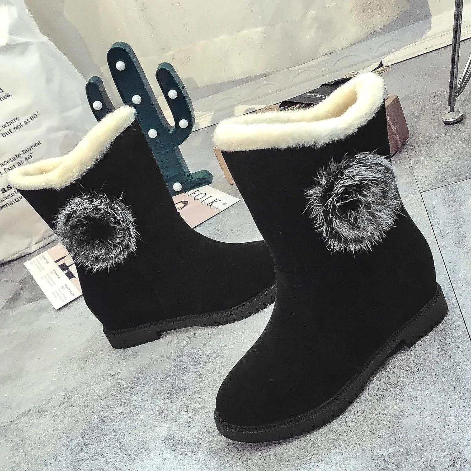 Winter Boots for Women Faux Fur Lined Slip On Mid Calf Chunky Heel Suede Ankle Boots Warm Comfy Snow Boots for Outdoor