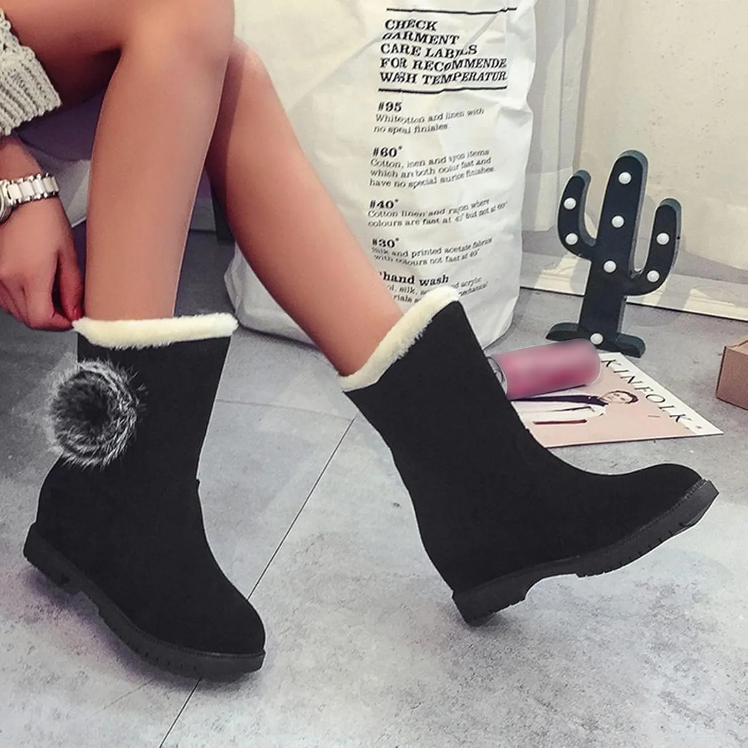 Winter Boots for Women Faux Fur Lined Slip On Mid Calf Chunky Heel Suede Ankle Boots Warm Comfy Snow Boots for Outdoor