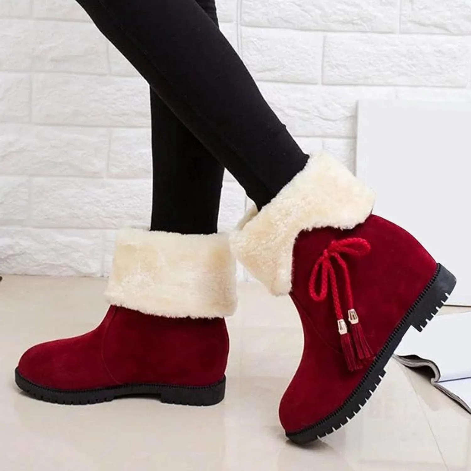 Winter Snow Boots For Women Fleece Lined Suede Round Toe Low Heels Ankle Booties Non Slip Plush Fur Lining Mid Calf Boots