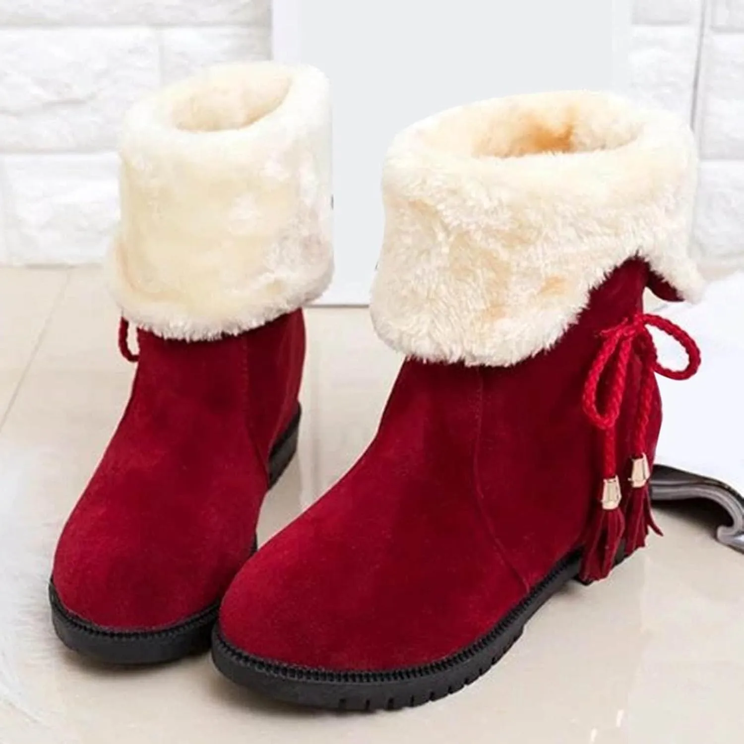 Winter Snow Boots For Women Fleece Lined Suede Round Toe Low Heels Ankle Booties Non Slip Plush Fur Lining Mid Calf Boots