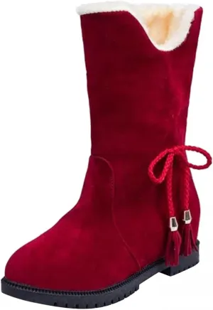 Winter Snow Boots For Women Fleece Lined Suede Round Toe Low Heels Ankle Booties Non Slip Plush Fur Lining Mid Calf Boots