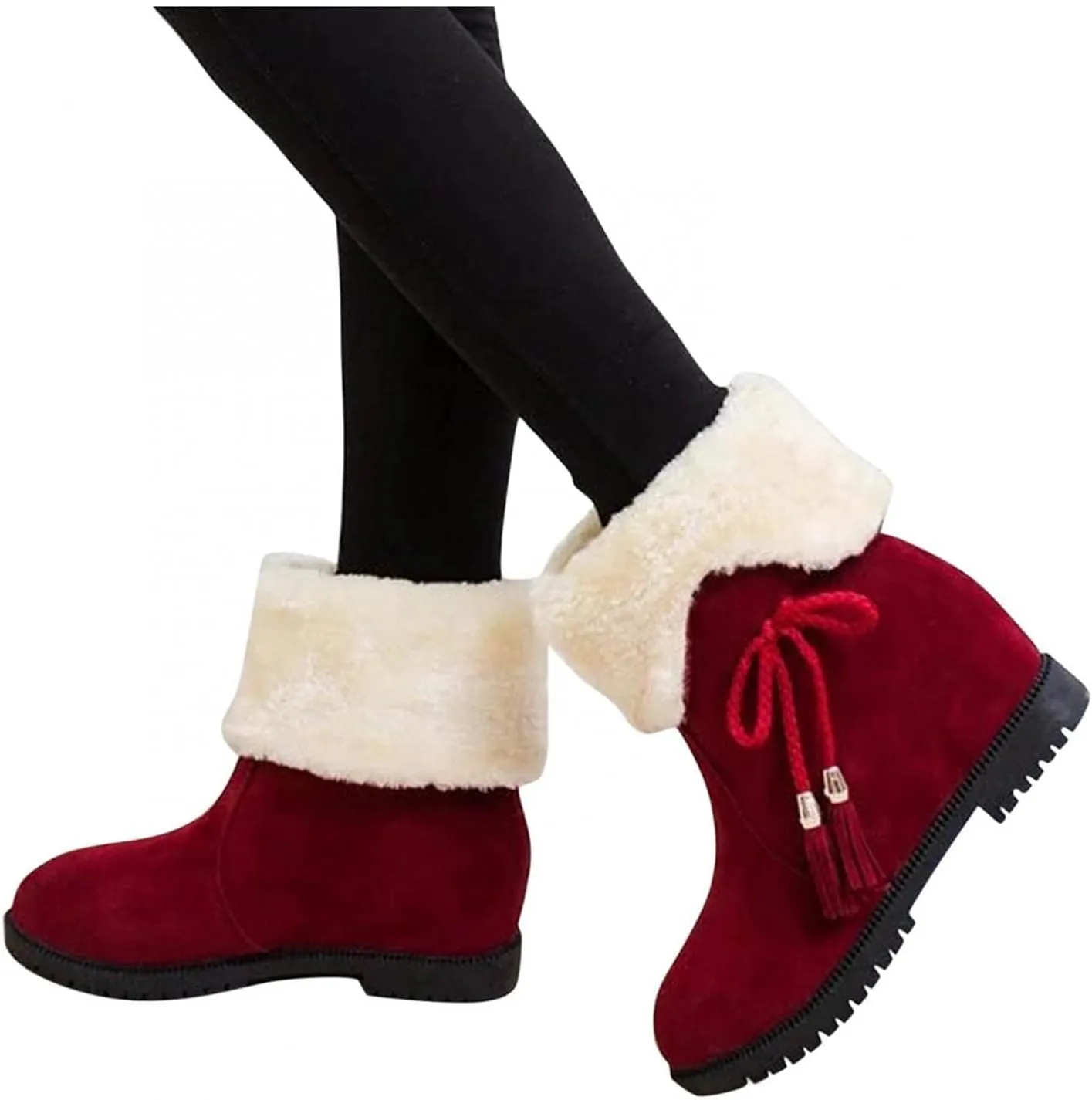 Winter Snow Boots For Women Fleece Lined Suede Round Toe Low Heels Ankle Booties Non Slip Plush Fur Lining Mid Calf Boots