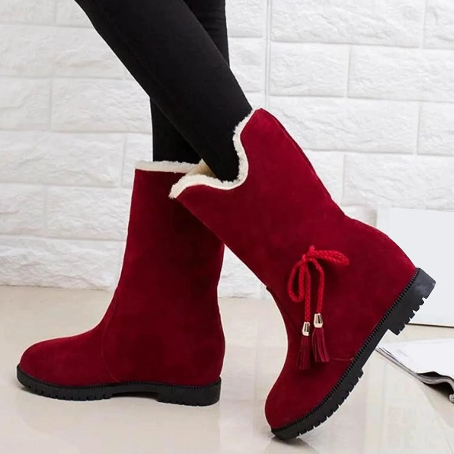 Winter Snow Boots For Women Fleece Lined Suede Round Toe Low Heels Ankle Booties Non Slip Plush Fur Lining Mid Calf Boots