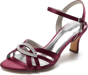 Women Satin Rhinestone Slingback Bridal Dress Shoes for Wedding Dance Evening Dressy Strappy Mid Heel Open Toe Sandals