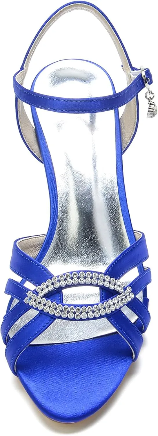 Women Satin Rhinestone Slingback Bridal Dress Shoes for Wedding Dance Evening Dressy Strappy Mid Heel Open Toe Sandals