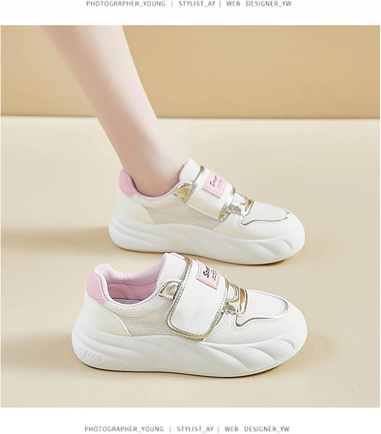 Women' White Chunky Fashion Sneakers with Hook Loop Breathable Lightweight Round Toe Platform Walking Shoes Casual Comfortable Non-Slip Dad Shoes Running Shoes
