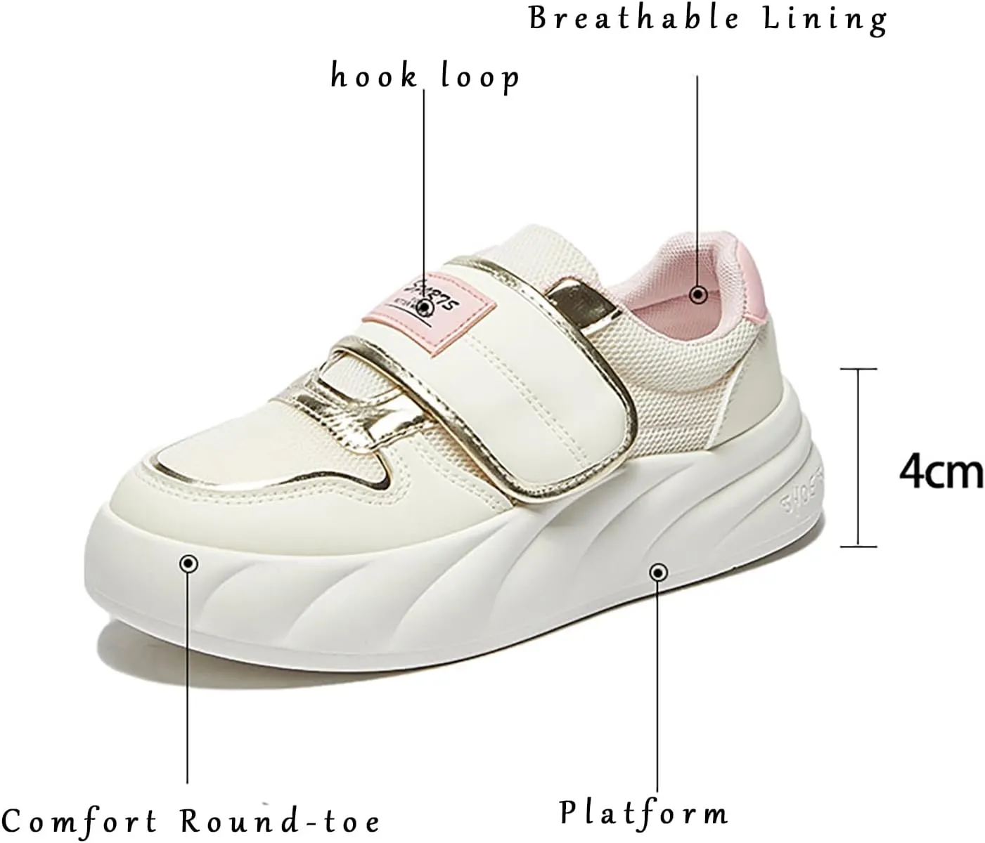 Women' White Chunky Fashion Sneakers with Hook Loop Breathable Lightweight Round Toe Platform Walking Shoes Casual Comfortable Non-Slip Dad Shoes Running Shoes