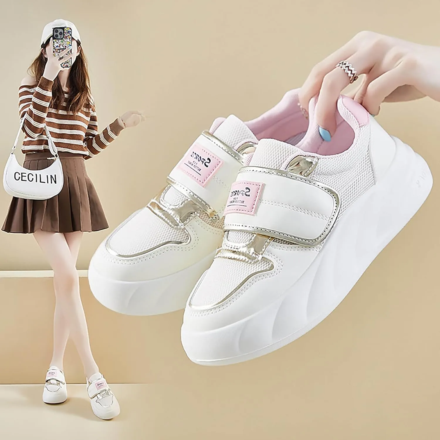 Women' White Chunky Fashion Sneakers with Hook Loop Breathable Lightweight Round Toe Platform Walking Shoes Casual Comfortable Non-Slip Dad Shoes Running Shoes
