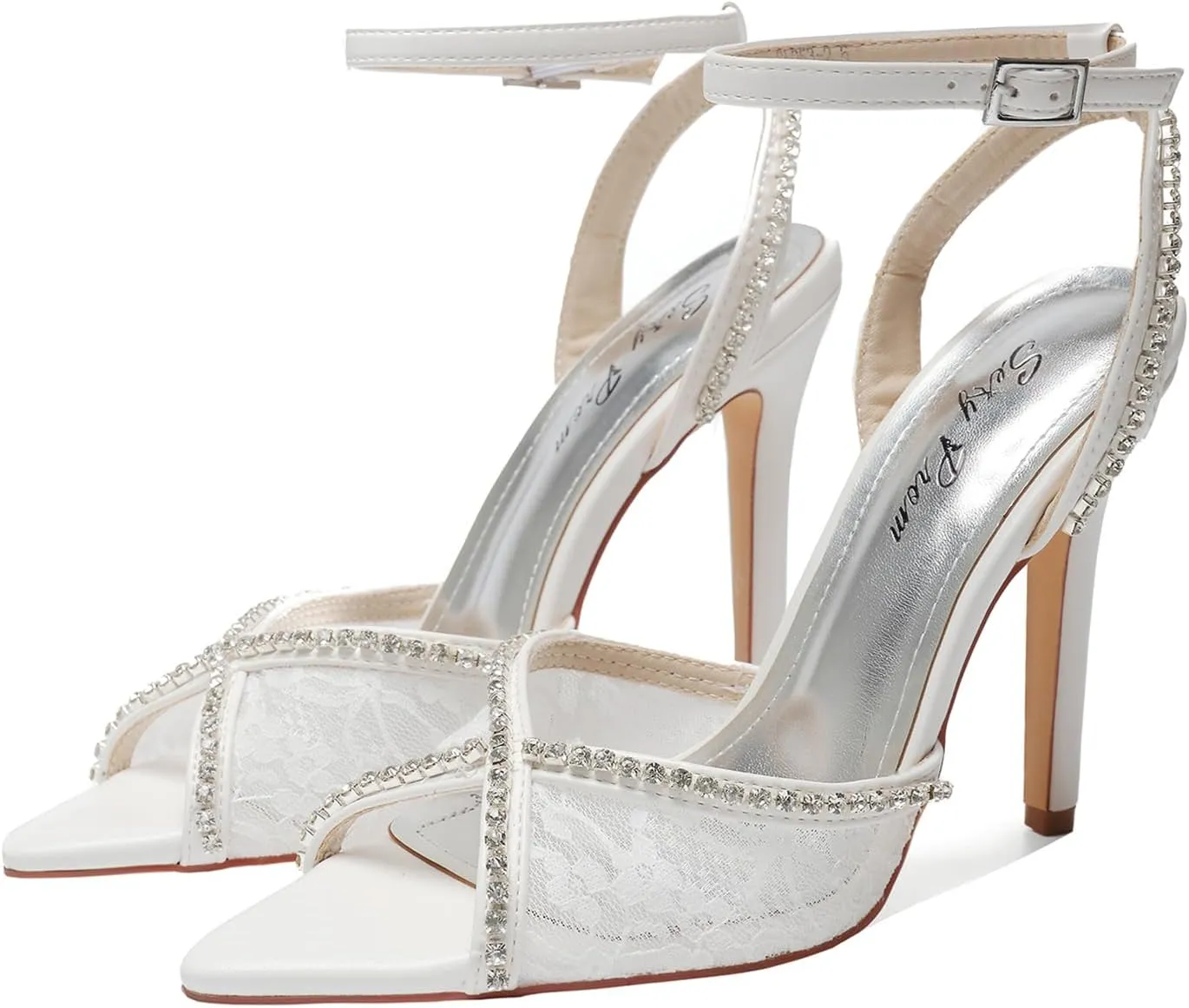 Womens 4.3" Stiletto Open Toe Sandals Rhinestone & Lace Ankle Strap Nightclub Party Wedding Shoes