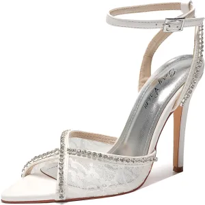 Womens 4.3" Stiletto Open Toe Sandals Rhinestone & Lace Ankle Strap Nightclub Party Wedding Shoes