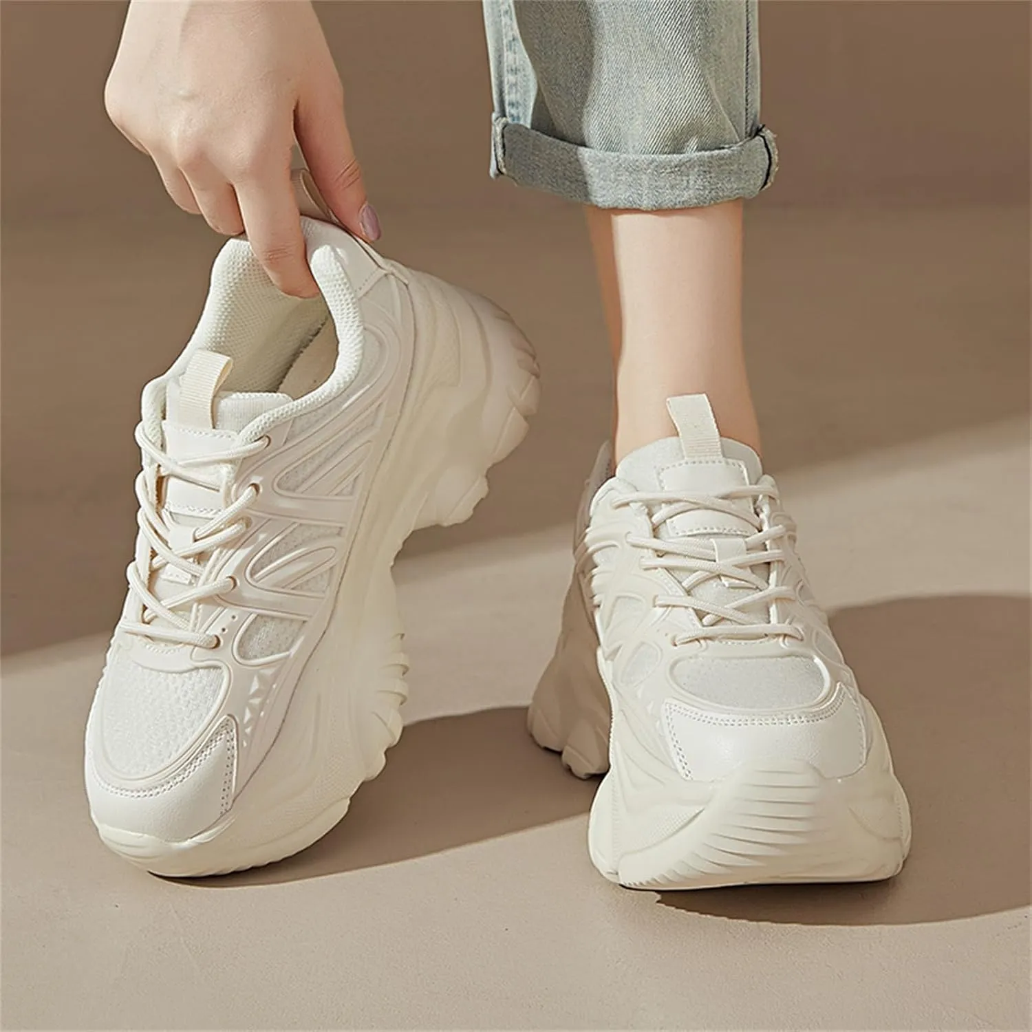 Women's Breathable Mesh Platform Sneakers Fashion Lace Up Height Increasing Chunky Shoes Casual Lightweight Outdoor Walking Dad Shoes