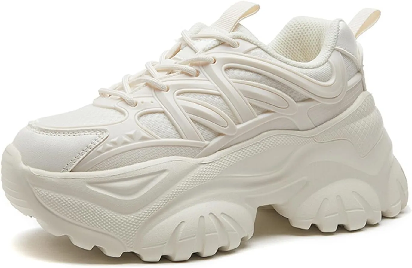 Women's Breathable Mesh Platform Sneakers Fashion Lace Up Height Increasing Chunky Shoes Casual Lightweight Outdoor Walking Dad Shoes