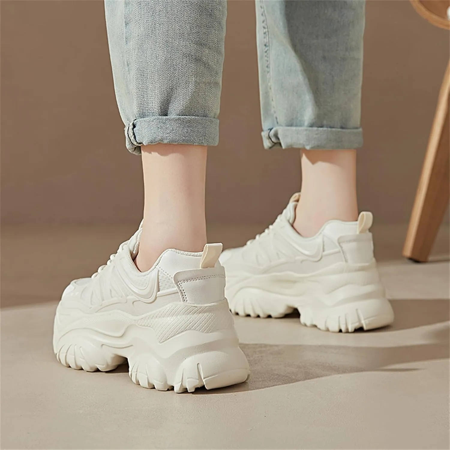 Women's Breathable Mesh Platform Sneakers Fashion Lace Up Height Increasing Chunky Shoes Casual Lightweight Outdoor Walking Dad Shoes