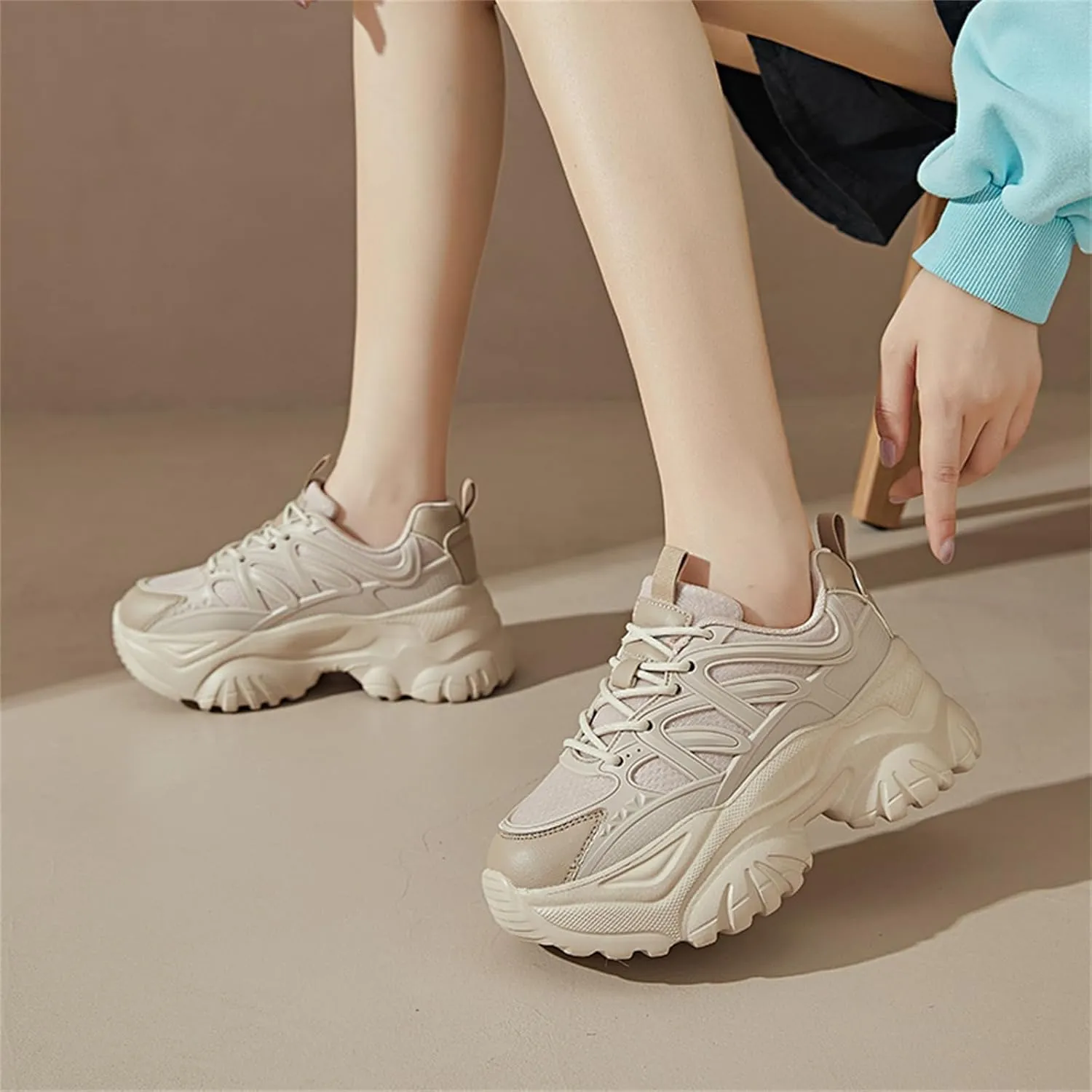 Women's Breathable Mesh Platform Sneakers Fashion Lace Up Height Increasing Chunky Shoes Casual Lightweight Outdoor Walking Dad Shoes