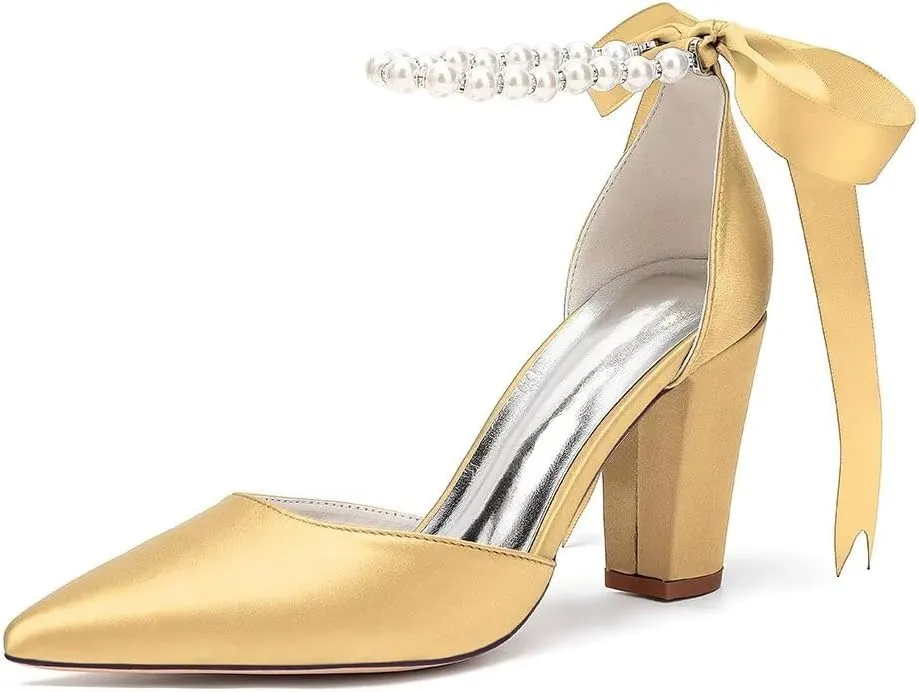 Women's Chunky Block Heel Wedding Shoes for Bride Satin Pearls Ankle Strap Evening Dressy Pumps