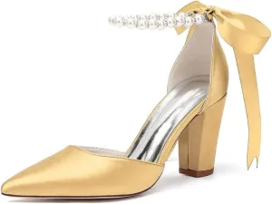 Women's Chunky Block Heel Wedding Shoes for Bride Satin Pearls Ankle Strap Evening Dressy Pumps