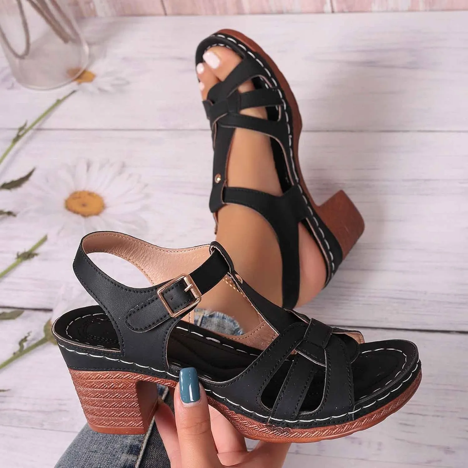 Women's Chunky Heel Sandals 2025 Trendy Open Toe Comfortable Slip On Casual Dressy Wedge Shoes for Spring Summer