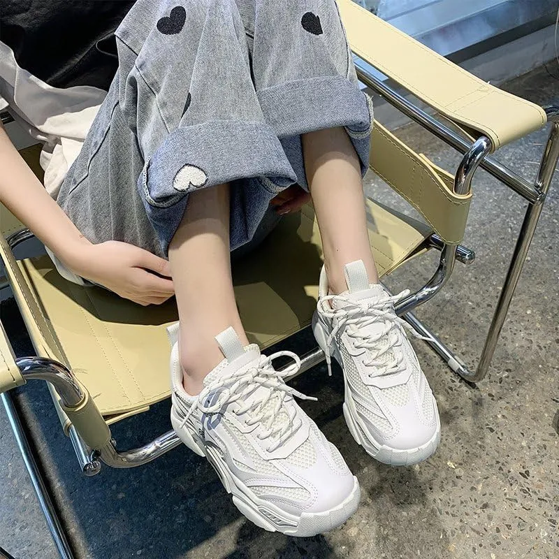 Women's Chunky Sneakers Trendy Platform Tennis Shoes Mesh Breathable Casual Wedge Lace Up Walking Sneakers (White,8)