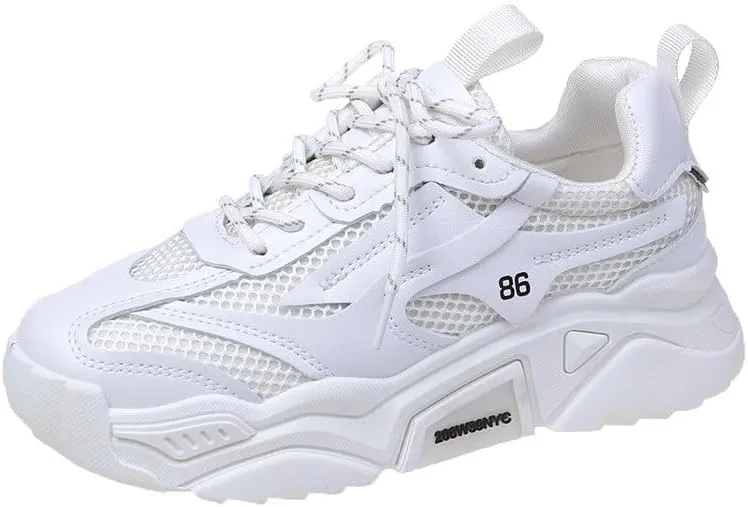 Women's Chunky Sneakers Trendy Platform Tennis Shoes Mesh Breathable Casual Wedge Lace Up Walking Sneakers (White,8)
