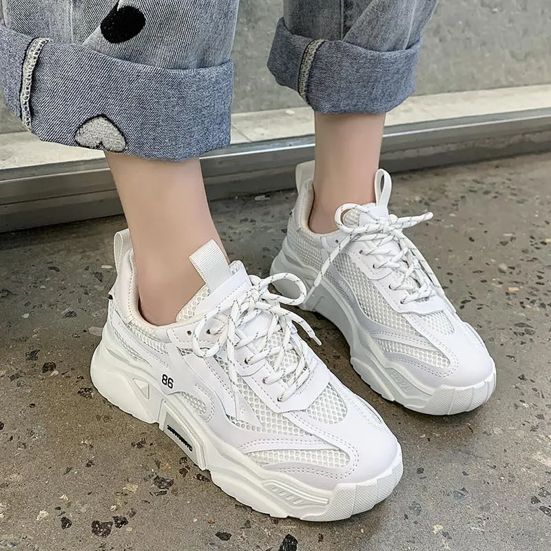 Women's Chunky Sneakers Trendy Platform Tennis Shoes Mesh Breathable Casual Wedge Lace Up Walking Sneakers (White,8)
