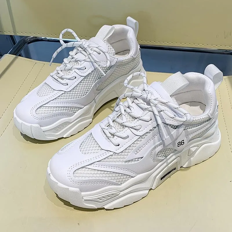 Women's Chunky Sneakers Trendy Platform Tennis Shoes Mesh Breathable Casual Wedge Lace Up Walking Sneakers (White,8)